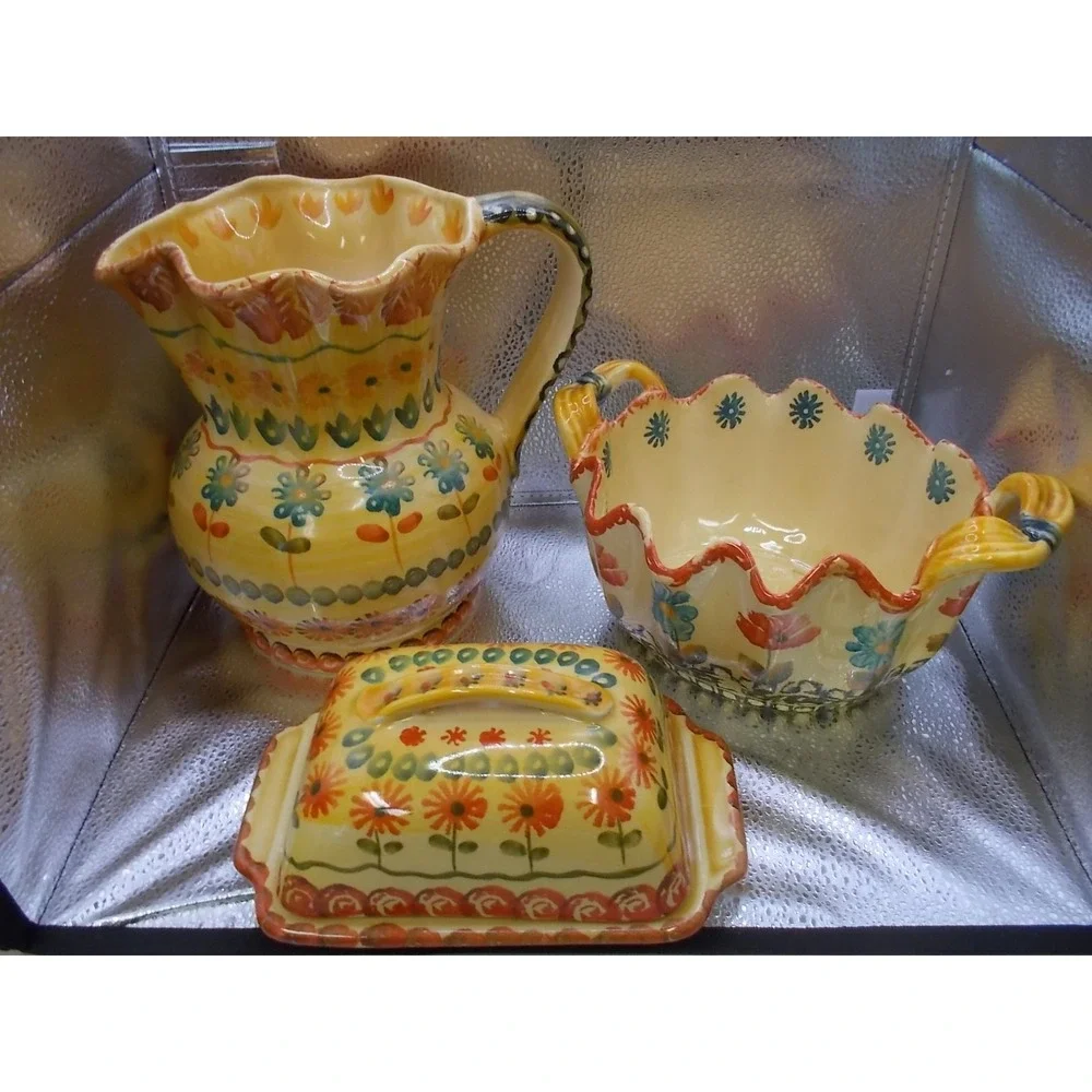 Italica Ars Italy Hand Painted Ceramic Pitcher Bowl and Butter Dish Set Yellow